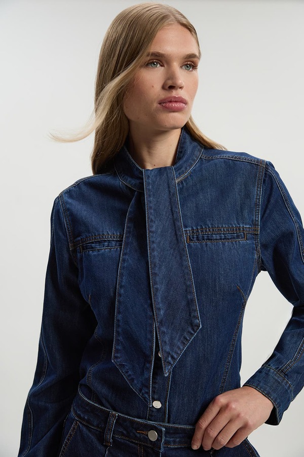 カレンミレン レディース トップス プルオーバー ジーンズ トップ Karen Millen Denim Pussybow Blouse Mid Blue 青色