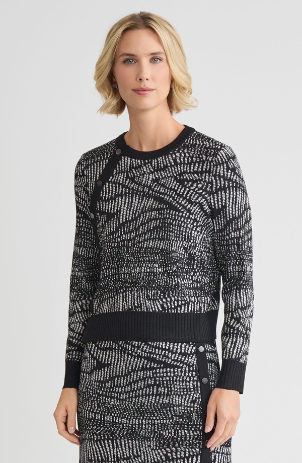 ミソック レディース トップス プルオーバー 毛の荒物柄 刷り上げる スウェーター 編み物 Misook Abstract Animal Print Soft Knit Sweater Black/White 白いこと