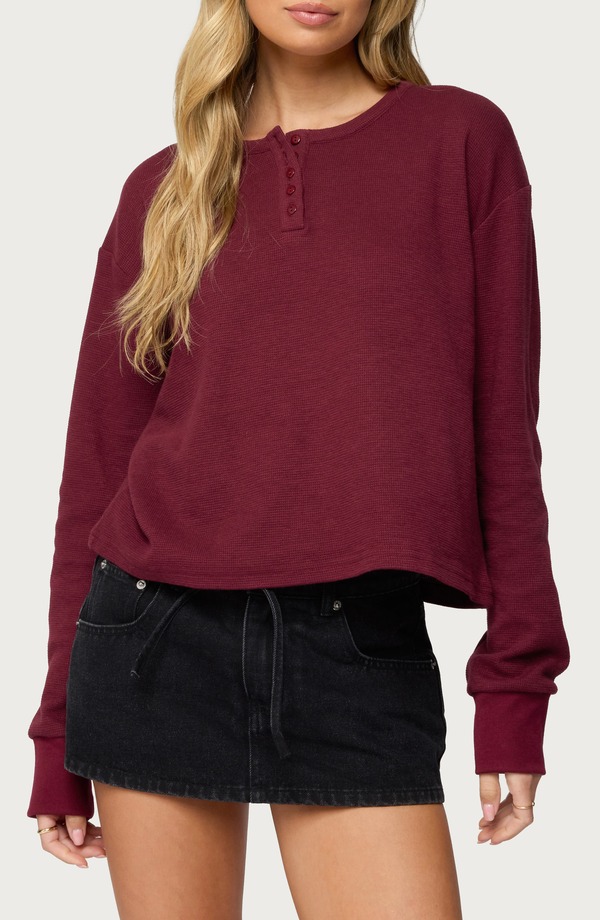 アディクテッド レディース トップス シャツ EDIKTEDeni Henley Shirt Burgundy バーガンディ|ReVida 店