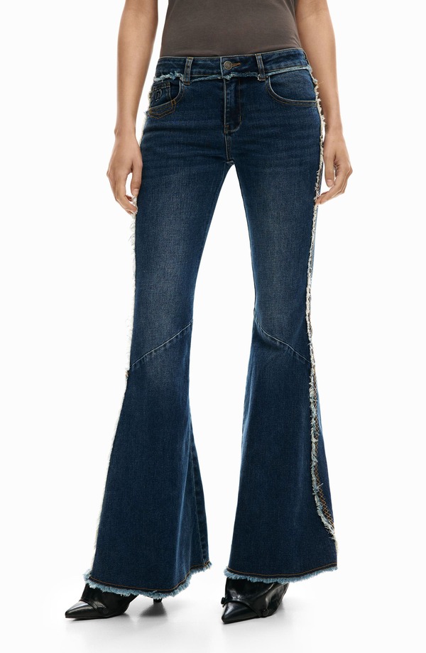 デジグアル レディース ボトムス ジーンズズボン下 デニム Desigual Embroidery Trim Flare Jeans Dark Blue 青み