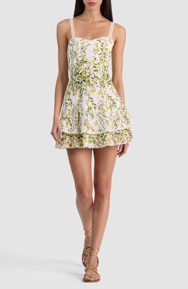 アリス アンド オリビア レディース トップス 衣裳 ティアード 御花柄 ミニ 綿織物 御花 Alice + Olivia Meredith Floral Tiered Cotton Eyelet Minidress Fresh Air Butter