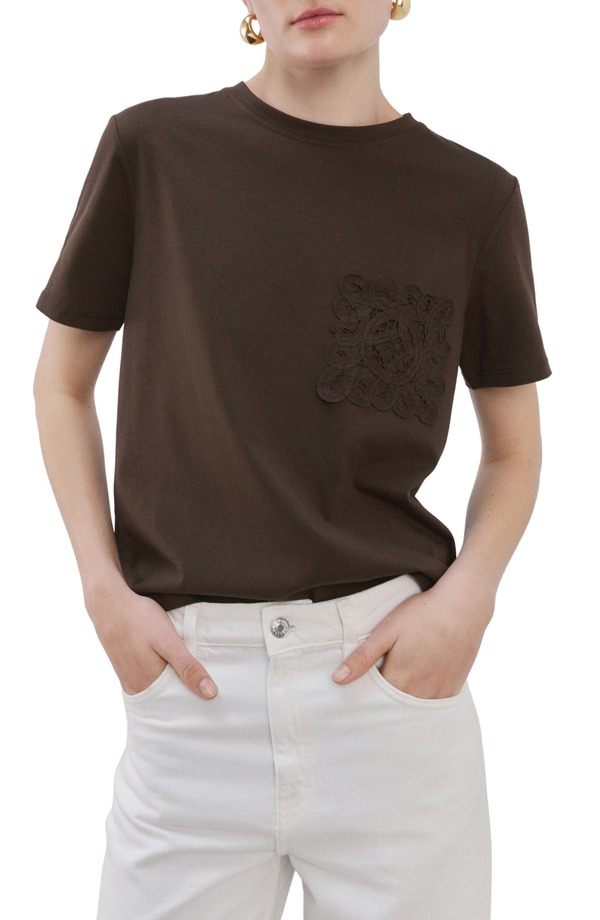 マンゴ レディース トップス ティーシャツ 綿織物 刺しゅう MANGO Embroidered Cotton T-Shirt Chocolate 黒茶