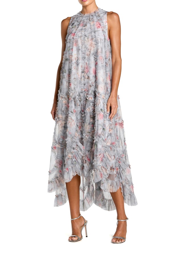マックダガル レディース トップス 衣装 ハイネック 御花柄 フラウンス MIDI 御花 Mac Duggal Floral Ruffle High Neck Midi Dress Pearl Grey パール
