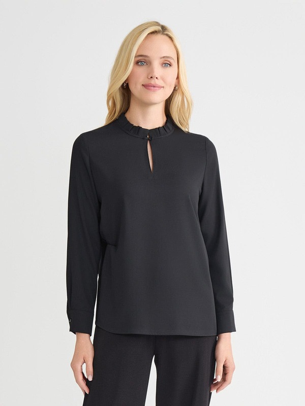 ミソック レディース トップス プルオーバー 縮緬 フラウンス トップ Misook Ruffle Neckeyhole Crepe de Chine Blouse Black 黒いこと