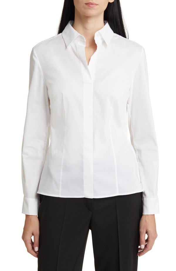 主任者 レディース トップス プルオーバー 綿織物 トップ BOSS Bashinah Cotton Blend Blouse Bright White 白いこと