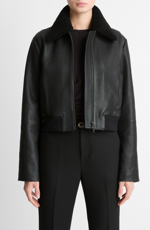 ヴィンス レディース アウター 上衣・上衣 なめし革 Vince Shrunken Leather Jacket with Genuine Shearling Collar Black 黒いこと