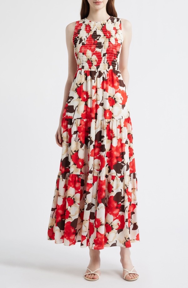 アンクライン レディース トップス 衣装 ノースリーブ シャーリング マキシ Anne Klein Smocked Bodice Sleeveless Flared Maxi Dress White Dove Multi 白いこと