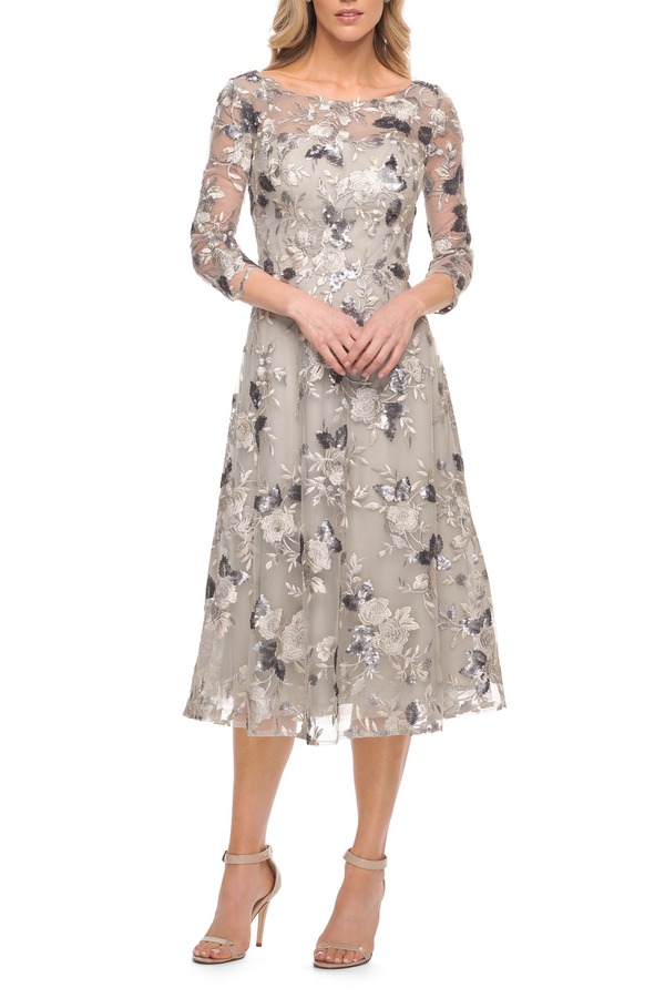 ラフェム レディース トップス ワンピースパンコール スピード競技 La Femme Tea Length Lace and Sequin Embellishedressilver しろがね色