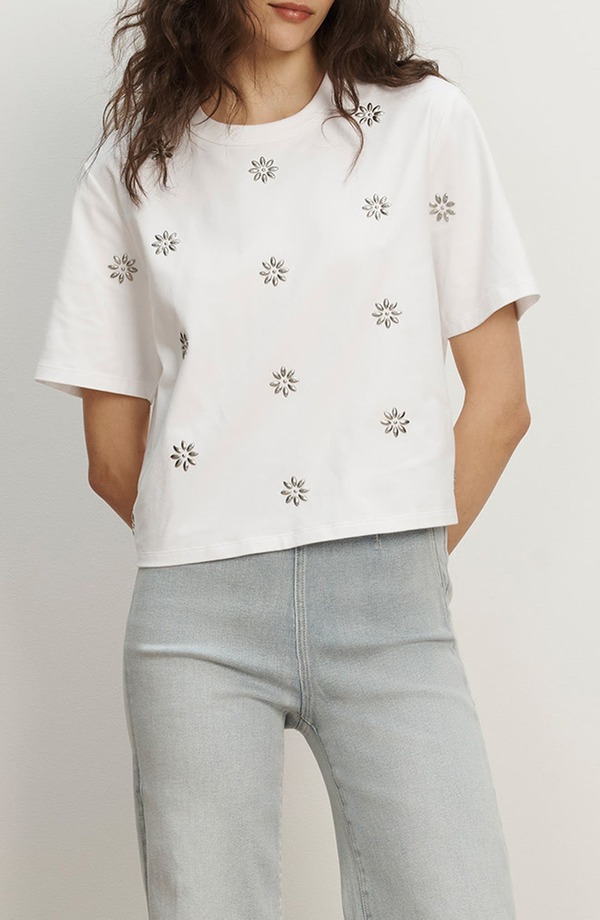 ヴェロニカ ベアード レディース トップス プルオーバー 御花柄 綿織物 御花 Veronica Beard Sebastian Floral Embellished Stretch Cotton T-Shirt White 白いこと