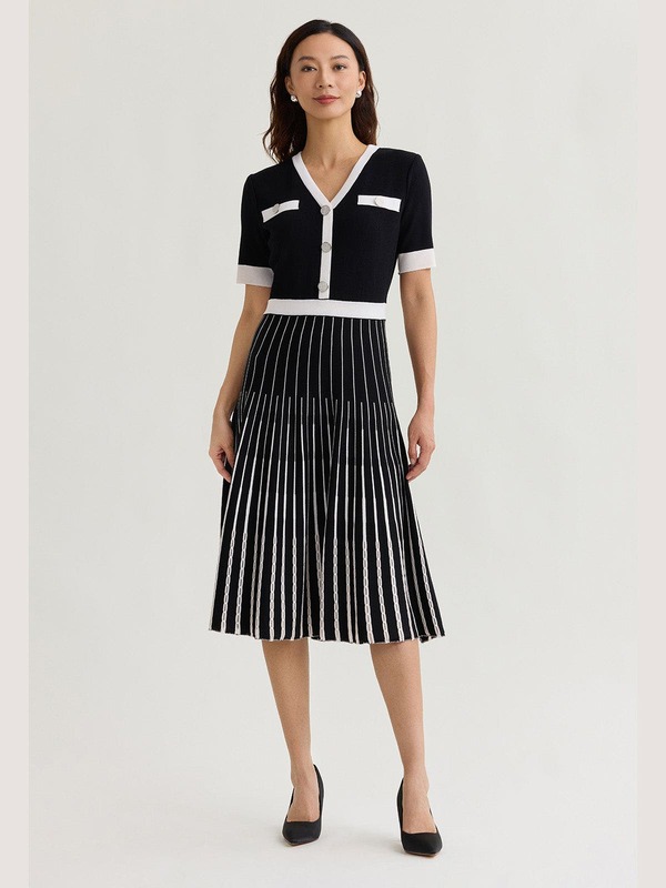 ミソック レディース トップス 衣装 MIDI 編み物 Misook Fit \u0026 Flare Two-Tone Soft Knit Midi Dress Black 黒いこと