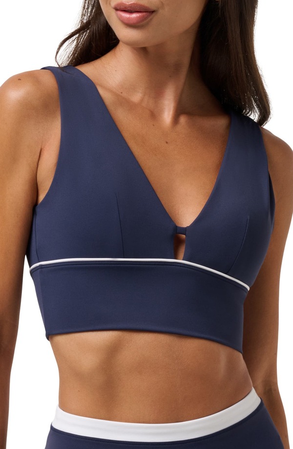トラビスマヒュー レディース アンダー御召しもの ブラ Vのど首 編み物 TravisMathew MoveKnit V-Neck Sports Bra Navy Blazer 米国海軍