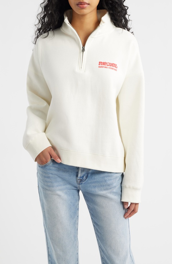 リップカール レディース アウター パーカー・スウェット ハーフジップ シャツ ロゴ Rip Curl Surf Puff Logo Quarter Zip Sweatshirt Cayenne|ReVida 店