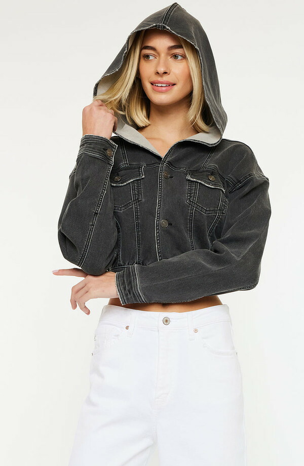 カンクン レディース ボトムス ジーンズズボン下 クロップド 上衣 KanCandie Cropped Hoodedenim Jacket Black Charcoal 黒いこと