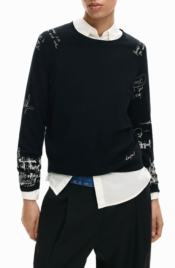 デジグアル レディース アウター パーカー・スウェット スウェーター グラフィック Desigual Fine Gauge Graphic Sweater Black 黒いこと