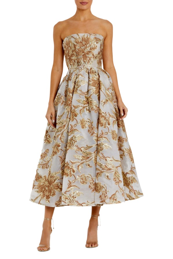 マックダガル レディース トップス 衣裳 プチ MIDI ストラップレス Mac Duggal Petite Strapless Brocade Midi Dress with Pockets Bronze