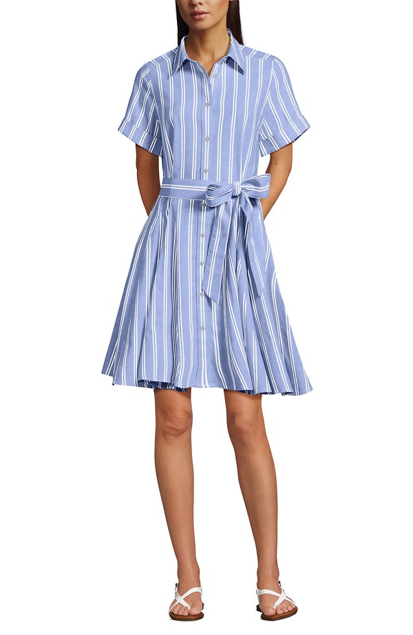 ランズ挙げ句の果て レディース トップス 衣装 リネン Lands\u0027 End Linen Blend Button Front Dress with Godets Clear Blue Sky Double Stripe 青色
