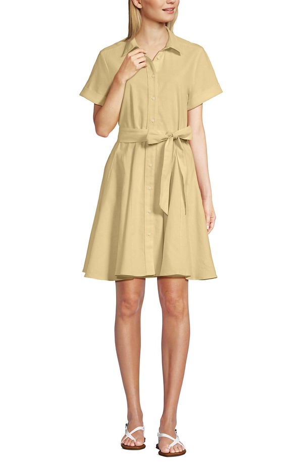 ランズ挙げ句の果て レディース トップス 衣装 リネン Lands\u0027 End Linen Blend Button Front Dress with Godets Pale Sunbeam Yellow 黄色