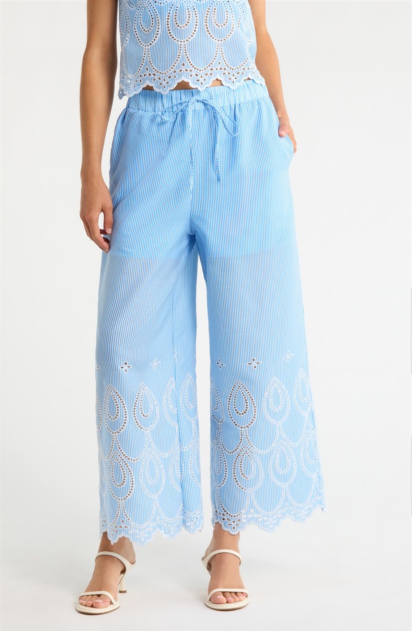 シュガーリップス レディース ボトムス レギンス ワイドレッグ ズボン下 SUGARLIPS Geyser Striped Eyelet Wide Leg Pants White-Blue 白いこと