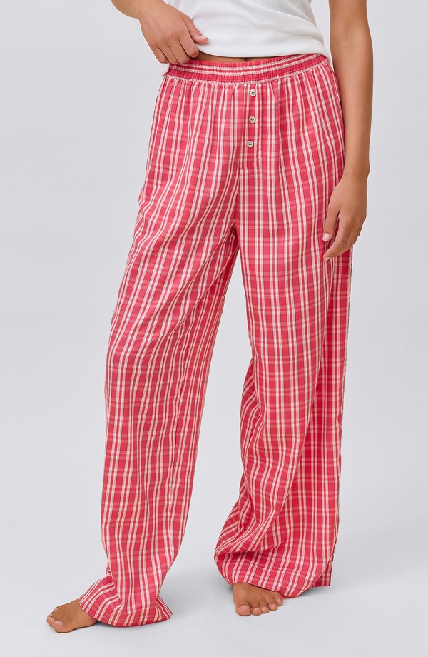 パピネール レディース ボトムス 心地好いズボン下 ティーシャツ 綿織物 Papinelle Holiday Plaid Cotton Sateen Pajama Pants Berry Red 赤いこと