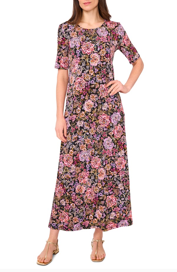 ヴィンスカムート レディース トップス 衣裳 お花柄 刷り上げる マキシ お花 Vince Camuto Floral Print Maxi Dress Rich Black 黒いこと