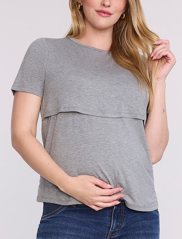 マザーフッドマタニティー レディース トップス プルオーバー 労働者の一団のど首 MOTHERHOOD MATERNITY Crewneck Short Sleeve Nursing Tee Heather Grey 薄墨色