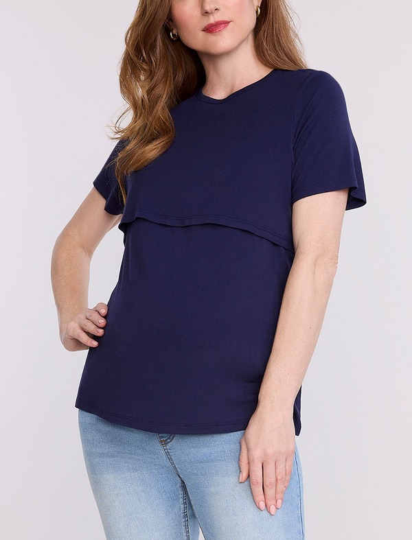 マザーフッドマタニティー レディース トップス プルオーバー 労働者の一団のど首 MOTHERHOOD MATERNITY Crewneck Short Sleeve Nursing Tee Peacoat