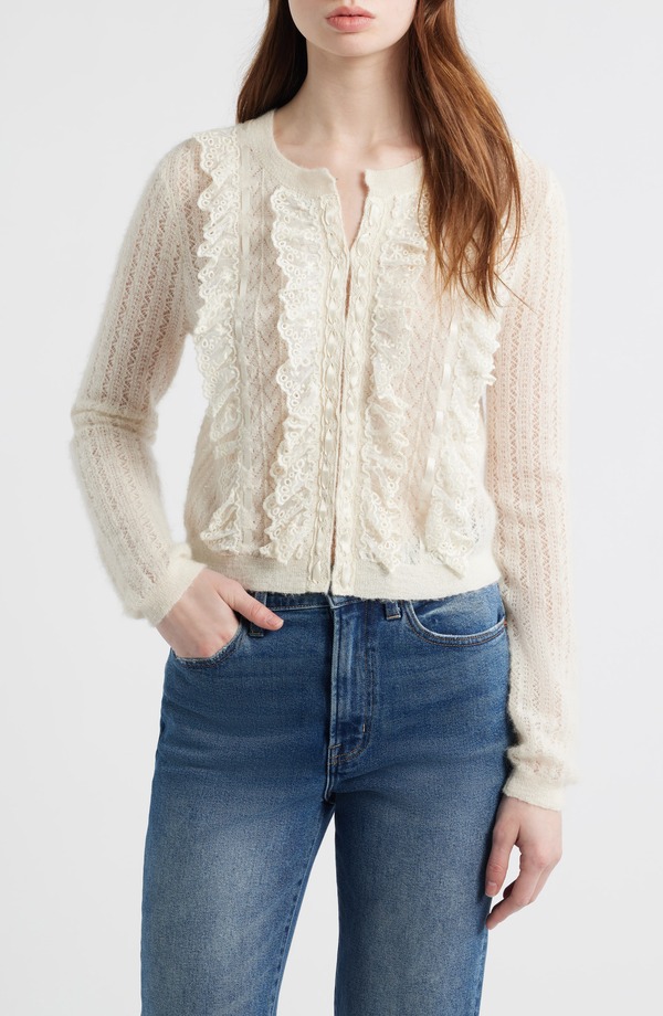 ラブスハックファンシー レディース アウター パーカー・スウェット フラウンス 羊毛 ジレー スピード競技 LoveShackFancy Melisse Lace Ruffle Alpaca \u0026 Wool Blend Cardigan Aspen White 白いこと