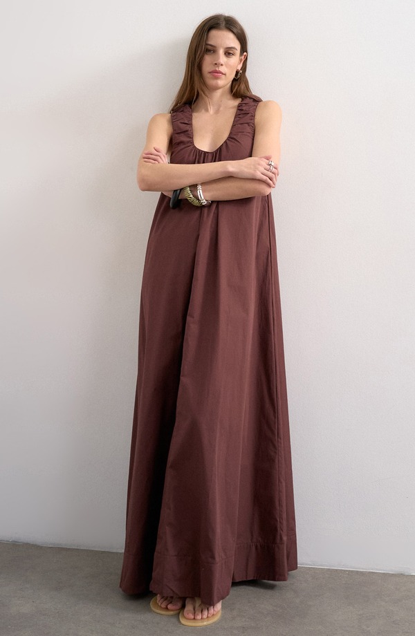 とっ始め販売店 レディース トップス 衣装 ギャザー 綿織物 マキシ Topshop Ruched Cotton Poplin Maxi Dress Brown 赤銅色