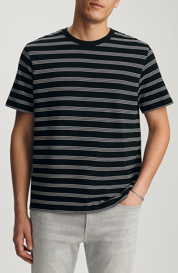 マーヴィ デニム メンズ トップス プルオーバー レギュラー填まる 綿織物 Mavi Jeans Regular Fit Stripe Cotton T-Shirt Black 黒いこと