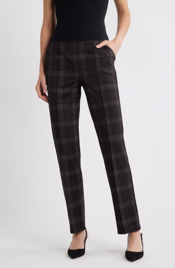 ヒュー レディース ボトムス レギンス ズボン下 Hue Plaid High Rise Pull-On Pants Brown 赤銅色
