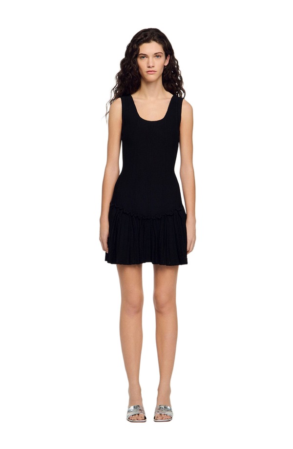 沙子ロ レディース トップス 衣装 フラウンス 編み物 SANDRO Short knit dress with ruffle Black 黒いこと