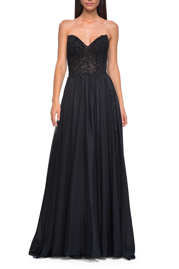ラフェム レディース トップス 衣裳 シフォン ストラップレス スピード競技 La Femme Chiffon Gown withigh Slit and Strapless Lace Top Black 黒いこと