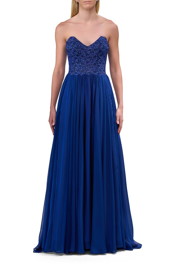 ラフェム レディース トップス 衣裳 シフォン ストラップレス スピード競技 La Femme Chiffon Gown withigh Slit and Strapless Lace Top Marine Blue 青碧