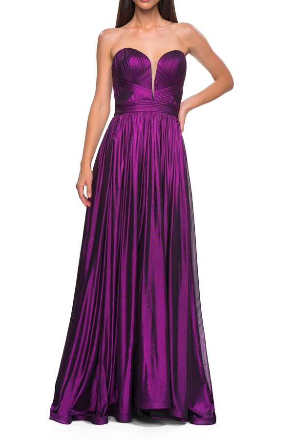 ラフェム レディース トップス 衣装 ギャザー トール プルオーバー La Femme Flowy Metallic Net Jersey Prom Dress with Intricate Ruched Bodice Purple パープル