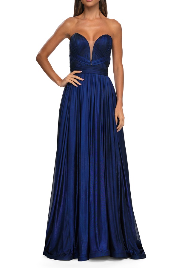 ラフェム レディース トップス 衣装 ギャザー トール プルオーバー La Femme Flowy Metallic Net Jersey Prom Dress with Intricate Ruched Bodice Royal Blue 青色
