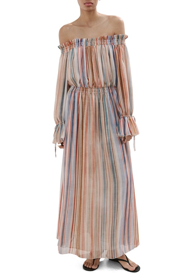 マンゴ レディース トップス 衣裳 マキシ MANGO Stripe Long Sleeve Off the Shoulder Maxi Dress Ecru エクリュ