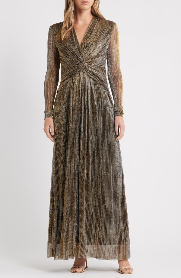 アンクライン レディース トップス 衣装 トール マキシ Anne Klein Twist Front Metallic Long Sleeve Maxi Dress Gold/ Anne Black 黒いこと