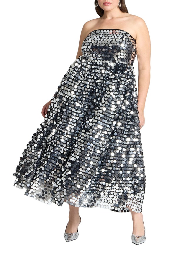 エロクイ レディース トップス 衣装手押し車 ELOQUII Paillette Dress With Big Skirt Silver しろがね色