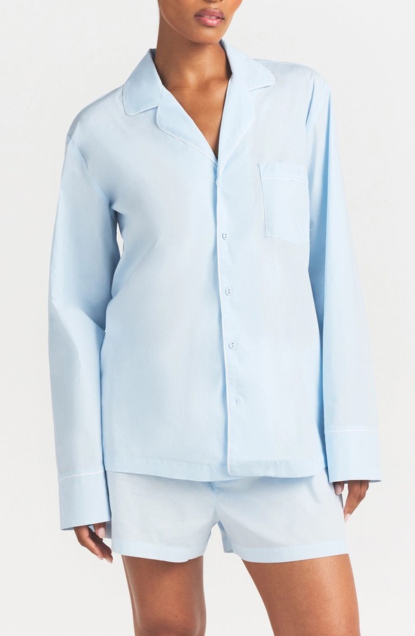 スキムズ レディース アンダーお召しもの ナイト爵お召しもの 綿織物 SKIMS Cotton Poplin Boxer Sleep Set Baby Blue Contrast 青色