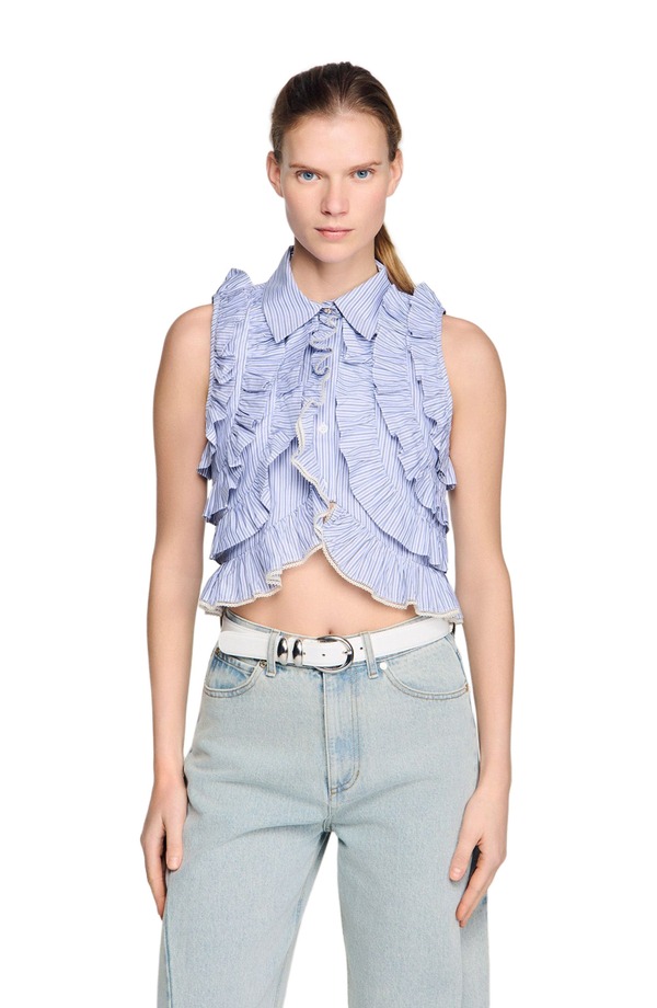 真砂ロ レディース トップス プルオーバー フラウンス SANDRO Striped ruffled shirt Bleu / Marine 縞模様