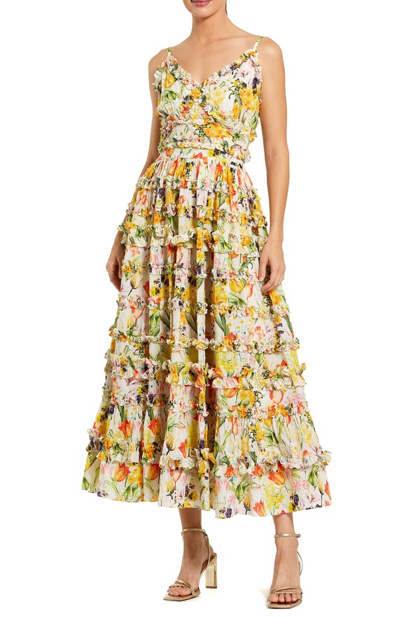 マックダガル レディース トップス 衣装 ティアード 御花柄 刷り上げる フラウンス MIDI 御花 Mac Duggal Floral Print Ruffle Tiered Midi Dress Yellow Multi 黄色