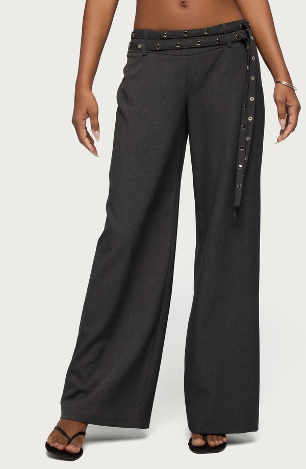 アディクテッド レディース ボトムス レギンス ワイドレッグ ローライズ ズボン下 EDIKTED Cruz Double Belt Low Rise Wide Leg Baggy Pants Gray 薄墨色