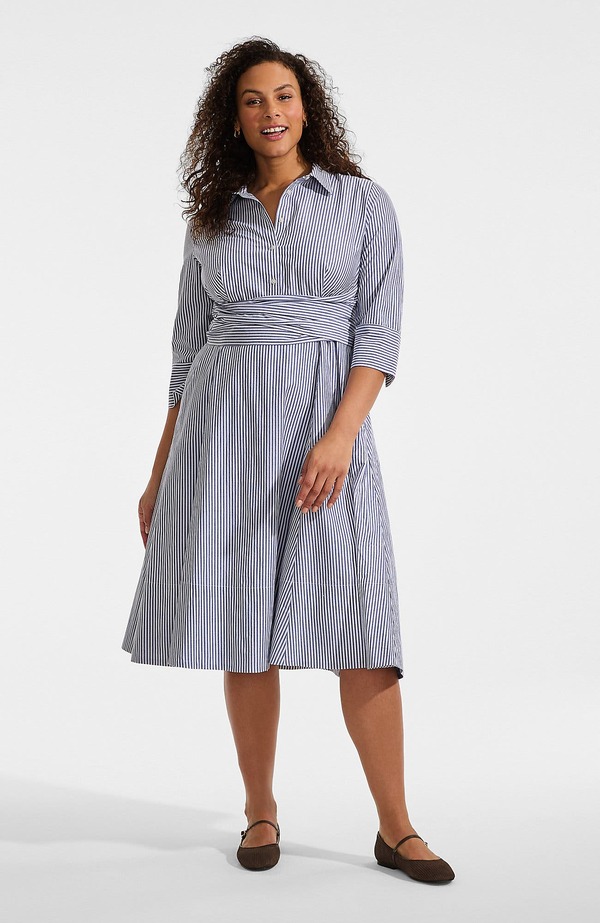 ランズ挙げ句の果て レディース トップス 衣装 MIDI Lands\u0027 End Poplin Midi Wrap Front Dress Midnight Sky Pinstripe