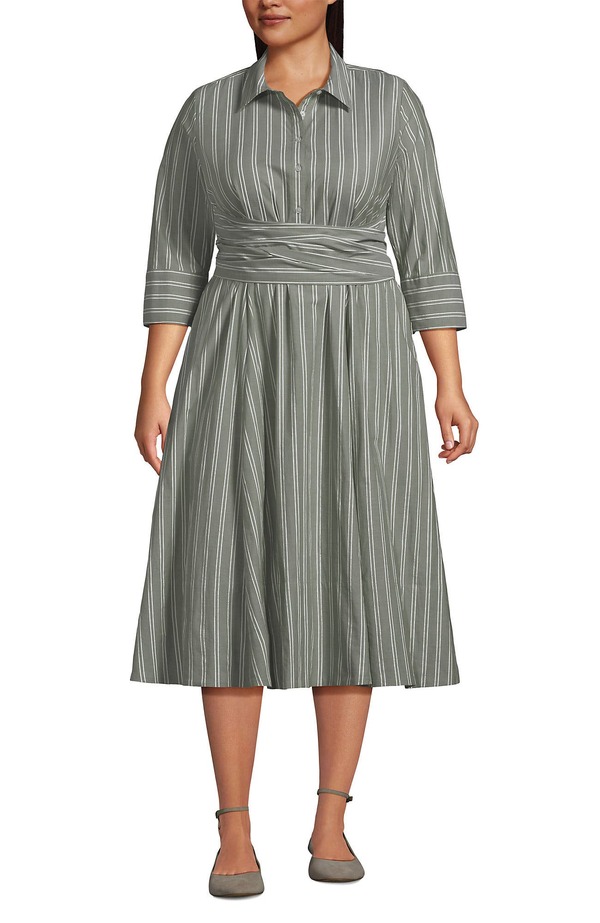 ランズ挙げ句の果て レディース トップス 衣装 MIDI Lands\u0027 End Poplin Midi Wrap Front Dress River Stone Double Stripe 石ころ