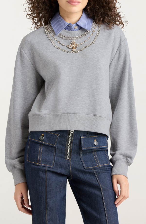 サンク セプト レディース アウター パーカー・スウェット プルオーバー Cinq Sept Lavina Jewel Embellished Sweatshirt Heather Grey/ Blue Stripe 薄墨色