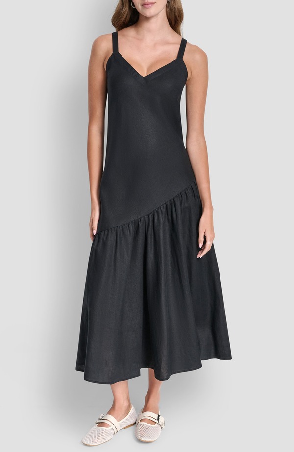 ダナ キャラン ニューヨーク州 レディース ボトムス 心地よいズボン下 マキシ衣裳 リネン マキシ DKNY Shirred Linen Maxi Dress Black 黒いこと