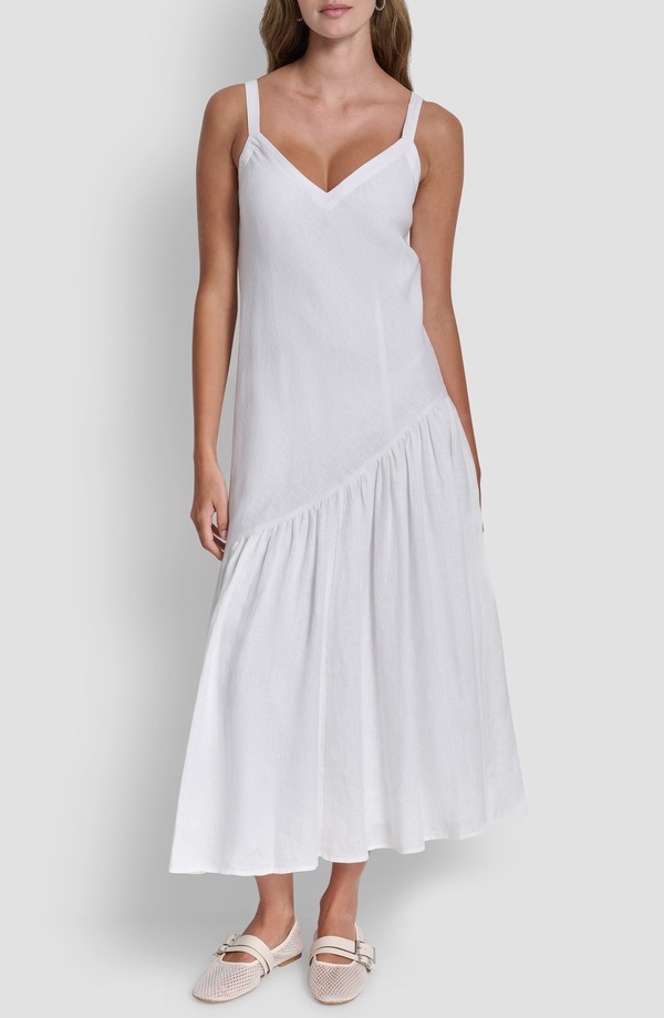 ダナ キャラン ニューヨーク州 レディース ボトムス 心地よいズボン下 マキシ衣裳 リネン マキシ DKNY Shirred Linen Maxi Dress White 白いこと