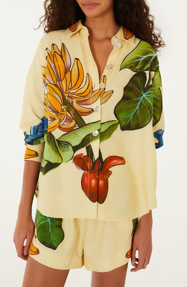 耕園 レディース トップス プルオーバー 刷り上げる リネン FARM Rio Fruit Print Linen Blend Button-Up Shirt Yellow 黄色