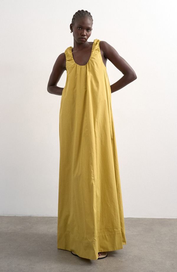 とっ始め販売店 レディース トップス 衣装 ギャザー 綿織物 マキシ Topshop Ruched Cotton Poplin Maxi Dress Mgreen