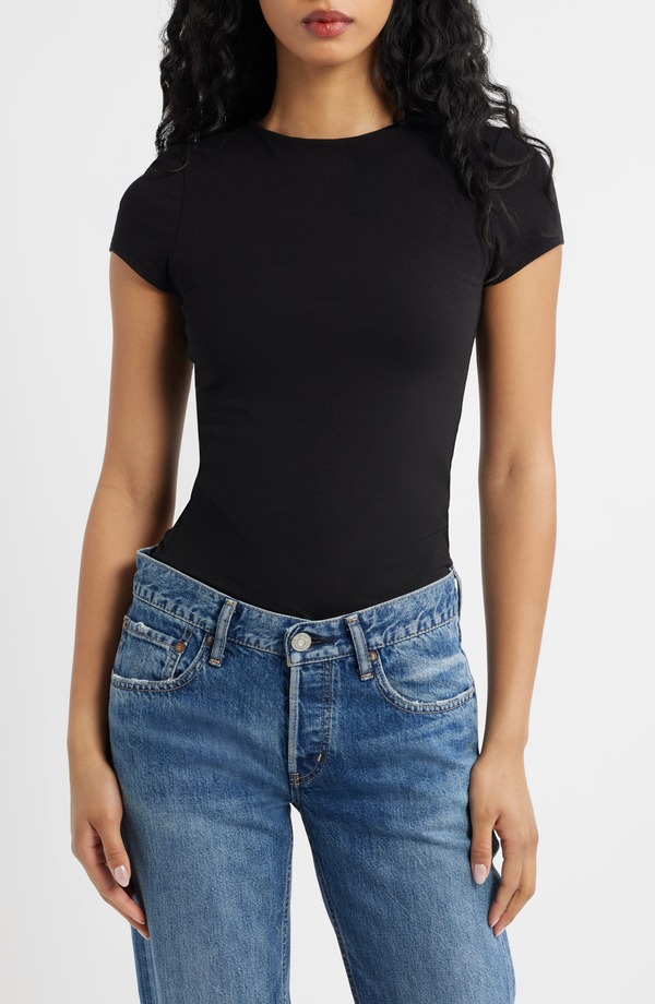 とっ始め販売店 レディース トップス プルオーバー 綿織物 旗がしら Topshop Strech Cotton Cap Sleeve T-Shirt Black 黒いこと